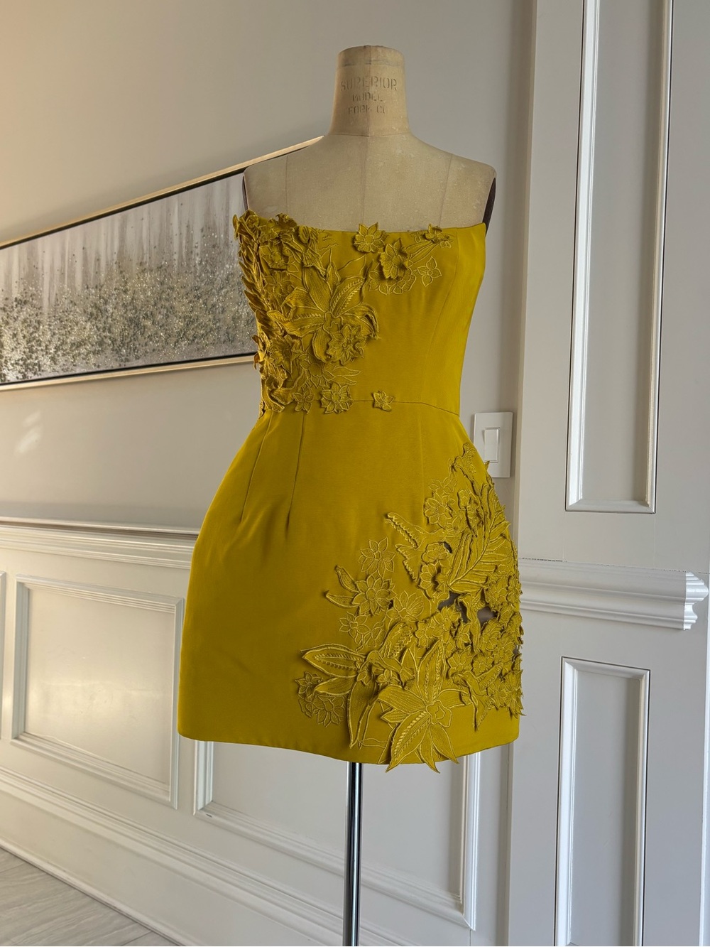 Oscar de la Renta Mustard Yellow Strapless Floral-Applique Mini Dress